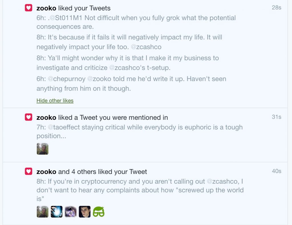 Shows Zooko liking a bunch of my tweets where I'm saying pretty much the same stuff.